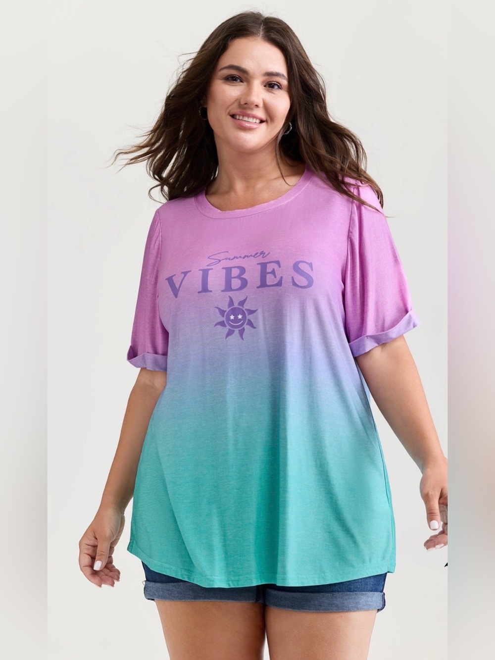 BloomChic Summer Vibes Ombre Tee - Purple to Teal size 1X (14-16)